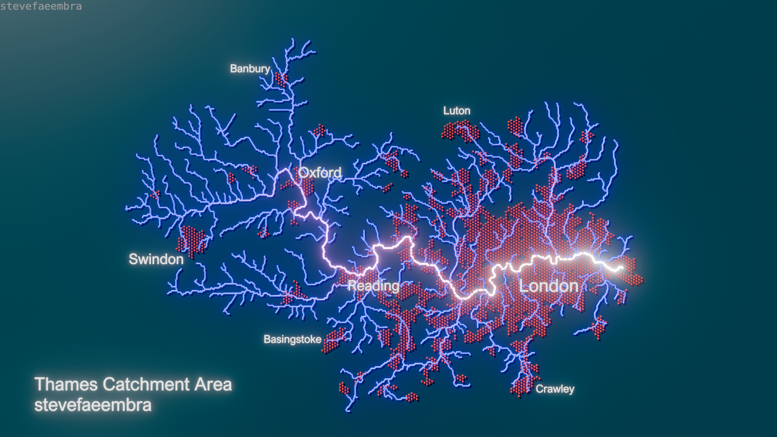 Simple map of the River Thames catchment area
Shows the rivers various feeder rivers, and the larger urban areas it passes through
Some larger cities and towns are labelled, such as London, Oxford, Swindon